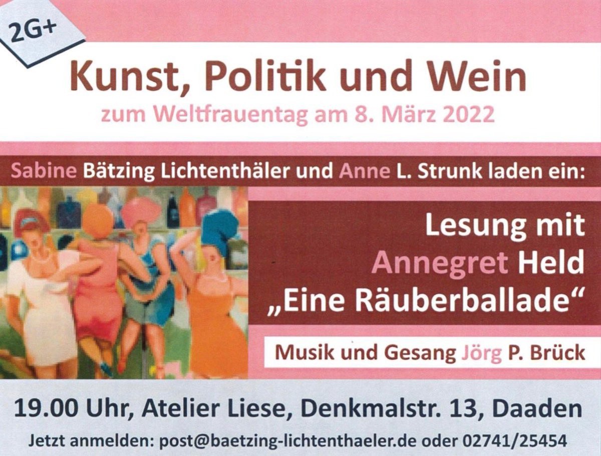 Sabine_Baetzing's tweet image. Morgen ist #Weltfrauentag!! Ihr seid herzlich eingeladen um 19 Uhr ins Atelierliese ! Um #Anmeldung unter post@baetzing-lichtenthaeler.de wird gebeten! Es gilt #2Gplus! #WeStandWithUkraine