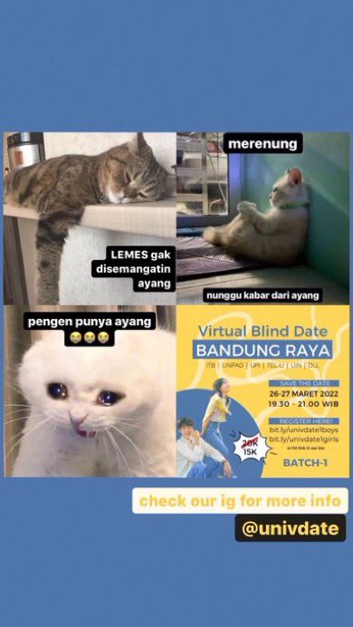 unparfess_'s tweet photo. [Ads]

[VIRTUAL BLIND DATE OPEN REGISTRATION!!💌]

Penasaran? 🤔Yuk joinn!! 😍

Daftarkan dirimu melalui:
https://t.co/ntthJ0wChc
https://t.co/tiWbx5bKZE

info lengkap check https://t.co/LYxdiy6gBa 🤗✨

Univdate (0895333234367) https://t.co/eGZe6hHreN