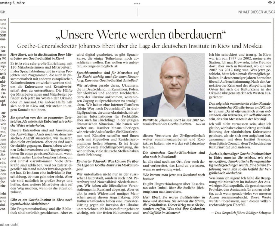 Zur Situation der Kulturszene in der #Ukraine und #Russland, der Arbeit von <a href="/goetheinstitut/">goetheinstitut</a> und zur Bedeutung zivilgesellschaftlichen Austauschs, wie ihn die #AKBP fördert. Mein Interview in <a href="/Tagesspiegel/">Tagesspiegel</a> -
<a href="/AA_Kultur/">#TeamAbteilung6</a> @ABaerbock @KatjaKeul <a href="/TErndl/">Thomas Erndl</a> <a href="/Mi_Muentefering/">Michelle Müntefering</a> <a href="/juergenhardt/">Jürgen Hardt MdB</a>