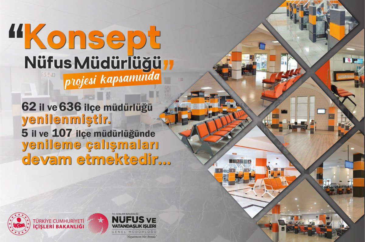 Vatandaşımıza daha iyi hizmet için yürütülen Konsept Nüfus Müdürlüğü projesine her geçen gün yeni yerler dahil edilmektedir.. Amacımız tüm müdürlüklerimizde vatandaşımıza yüksek teknoloji ile daha ferah ortamlarda hizmet sunmak..Yeni haftaya Bismillah #HayatınızınHerAnında