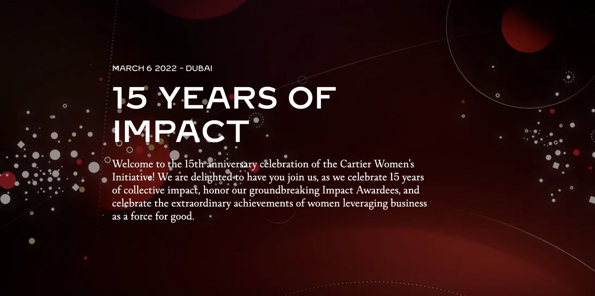 Delighted to be in Dubai celebrating #15YearsofImpact of the Cartier Women's Initiative! Some amazing facts about CWI:

⭐️ 62 fellows since 2006
⭐️ 62 countries represented
⭐️ $6m in grant aid

Looking forward to the rest of the week here in Dubai!