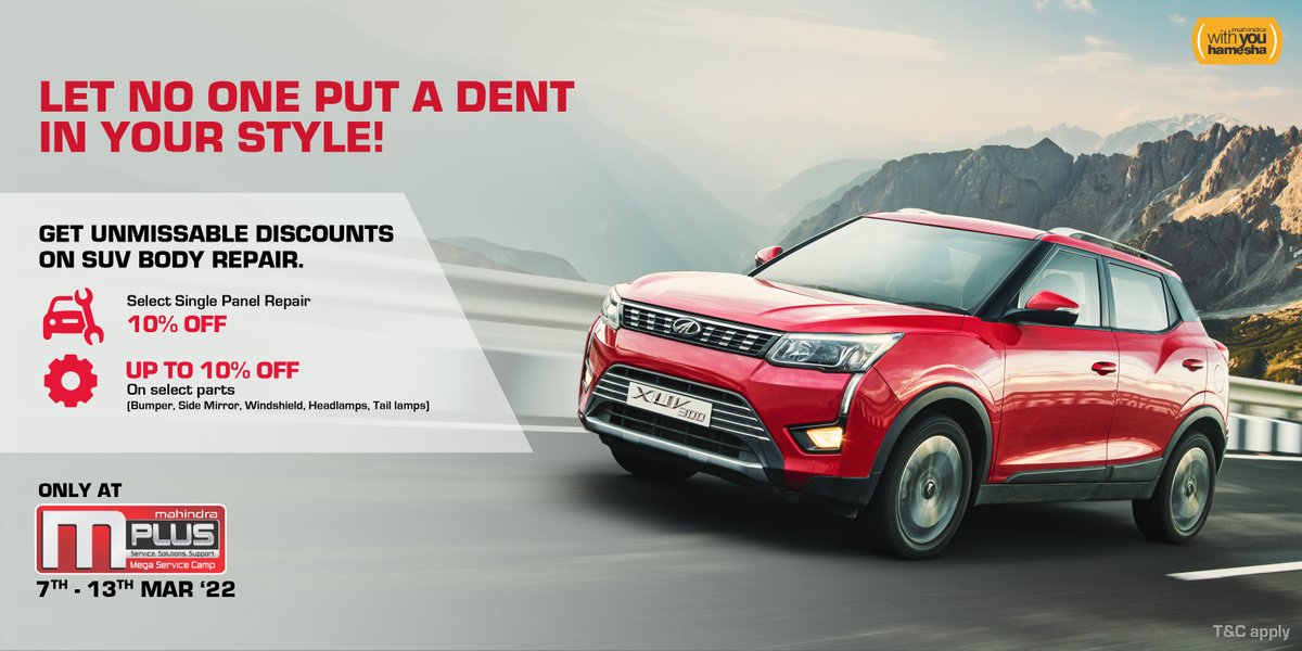 18002096006's tweet photo. Eliminating battle-scars off adventure-stars! 
Get your SUV’s body repair and paint job done at the #mPlusBodyAndPaintCamp. 
Book a slot now https://t.co/m57GS2E9HT. https://t.co/koQy6AiACC