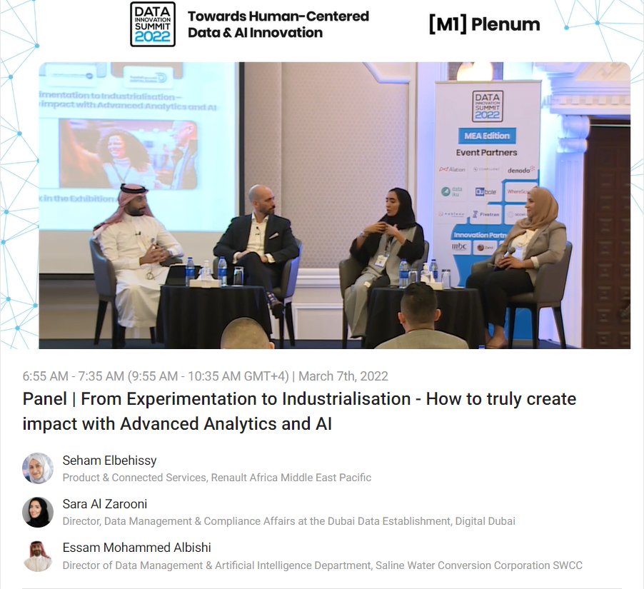 DISummitMEA (@disummitmea) on Twitter photo Time for the exclusive Panel with Seham Elbehissy from <a href="/renaultgroup/">Renault Group</a>, Sara Al Zarooni from <a href="/DigitalDubai/">Digital Dubai دبي الرقمية</a>, Essam Mohammed Albishi from SWCC & <a href="/DadounDavid/">David Dadoun</a> from BRP. These experts deep dive into how to create impact with Advanced Analytics & AI📉#DISMEA2022 #DISMEA2030 #DIS2030 Time for the exclusive Panel with Seham Elbehissy from <a href="/renaultgroup/">Renault Group</a>, Sara Al Zarooni from <a href="/DigitalDubai/">Digital Dubai دبي الرقمية</a>, Essam Mohammed Albishi from SWCC & <a href="/DadounDavid/">David Dadoun</a> from BRP. These experts deep dive into how to create impact with Advanced Analytics & AI📉#DISMEA2022 #DISMEA2030 #DIS2030