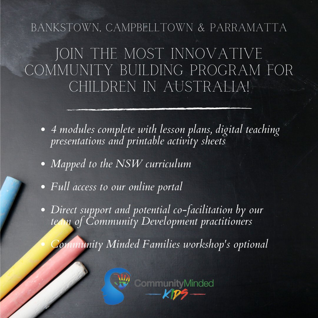 Contact our Program Manager today to learn more about our funded opportunities in Bankstown, Campbelltown and Parramatta on 
0413 364 070.

#communitymindedkids #communityminds #communitybuilding #schoolprogram #education #community #turningmeintowe #metowe #communitydevelopment