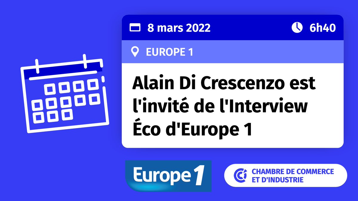 🔵 [Média] Rdv demain matin à 6h40 sur <a href="/Europe1/">Europe 1</a> . <a href="/DiCrescenzo_A/">Alain DI CRESCENZO</a> , président <a href="/ccifrance/">CCI France 🇫🇷🇪🇺</a> , sera l'invité de - l'Interview Éco - de <a href="/dimitripavlenko/">Dimitri Pavlenko</a>. Il évoquera les actions des #CCI et le besoin de #réindustrialisation de la 🇫🇷. 
#France #local #média <a href="/Economie_Gouv/">Ministère de l'Économie et des Finances</a>