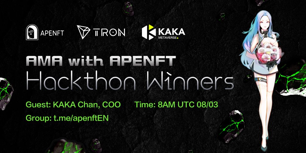 BAI_AGI's tweet photo. 🚀Here is an AMA for 2nd Place Winner of APENFT Hackathon.

❤️Any questions about TRON KAKA @kakanftworld, join us!

🗓 8am, Mar 8th, UTC

📲Group: https://t.co/WDo4JtaDO2

🎁5 good questions during the free questions section of AMA will reward 5 whitelist spots for Valerian NFT! https://t.co/nLFQiPWbpw