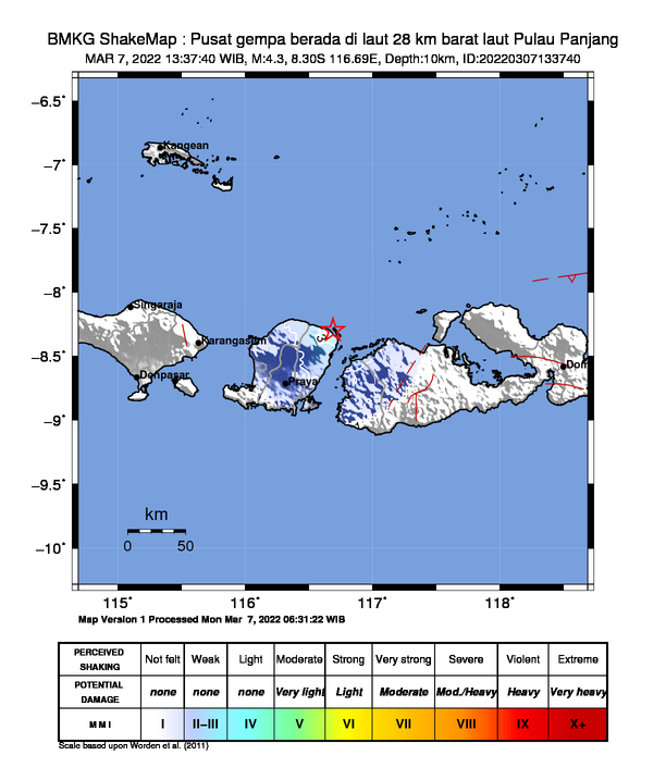 infoBMKG's tweet photo. #Gempa Mag:4.3, 07-Mar-22 13:37:40 WIB, Lok:8.30 LS, 116.69 BT (Pusat gempa berada di laut 28 km barat laut Pulau Panjang), Kedlmn:10 Km Dirasakan (MMI) III Lombok Barat #BMKG https://t.co/jmGVa1A1Xb