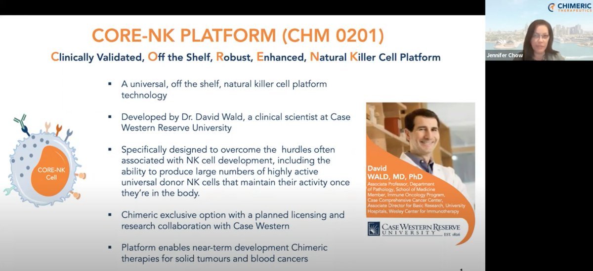 Chimeric's tweet photo. Today's investor presentation by Jennifer Chow discussing the results of a phase 1 clinical trial of our CORE NK platform is now available to watch on YouTube: https://t.co/5gfzalX0DL 

$CHM #CORENK #CellTherapy $CHM.ax https://t.co/WkXBnRo2Jm