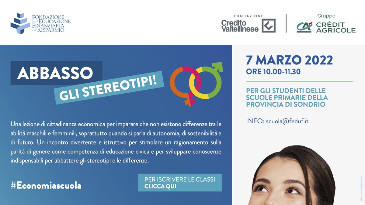 feduf_'s tweet photo. Ogni occasione è buona per combattere gli #stereotipi e le #differenzedigenere. Per tutte le info sull'evento promosso con Fondazione @CrevalBanca | Gruppo Crédit Agricole e dedicato agli studenti delle scuole primarie della provincia di #Sondrio vai qui: https://t.co/TlokE74S9J https://t.co/nzd4P4nIrz