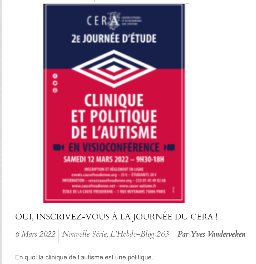 acf_capa's tweet photo. Rentrée de l'#Hebdoblog sous le signe du #Cera
✏️En quoi la clinique de l'autisme est une politique
✏️Le Réel de l'autiste
✏️L'attention clinique de Virginio Baio et sa translation éthique
✏️Paroles d'autistes
✏️Chronique du malaise : Moi, Eric Z... par Ph. De Georges
#HB263 https://t.co/NqP9Kcqgo5