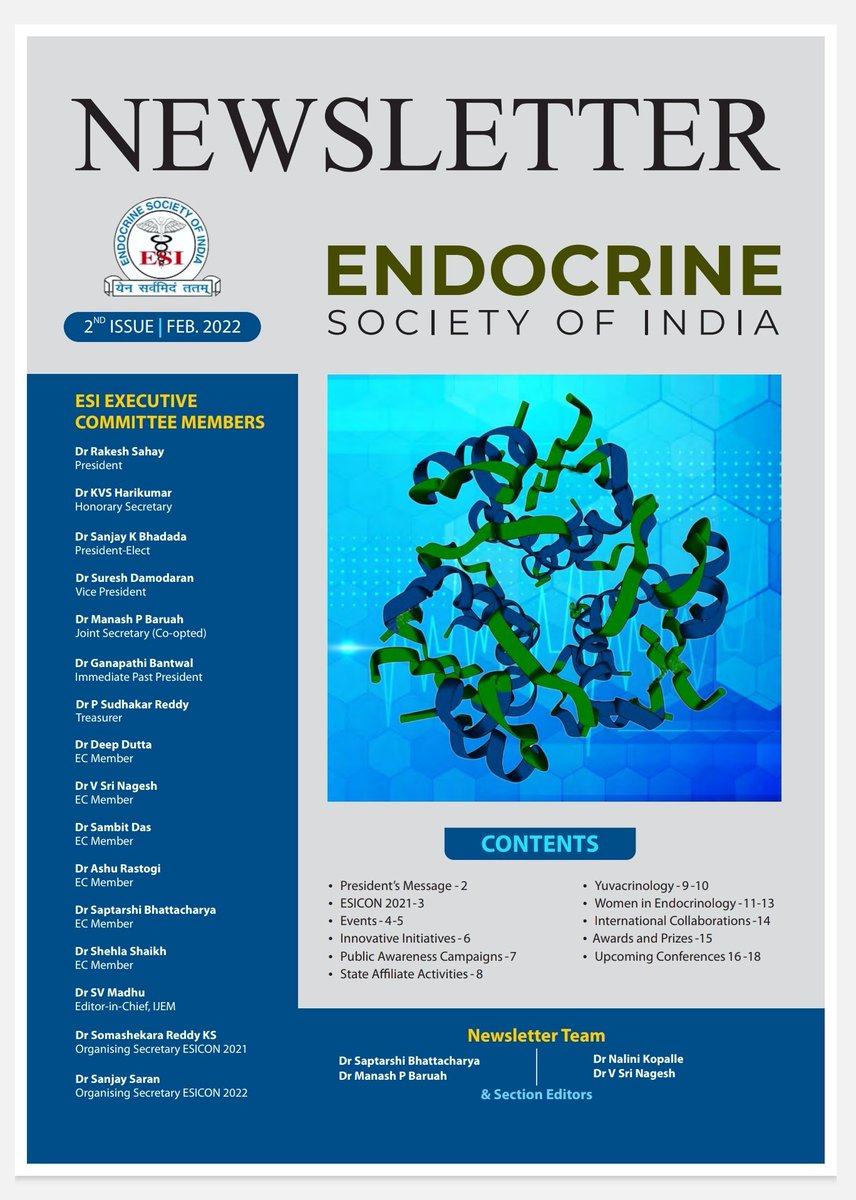 Glad to inform #endotwitter the release of  2nd Edition #ESINewsletter

Section editors have captured special moments,awards &amp; publications/ original works by our society
 members.

e-Version endocrinesocietyindia.org/assets/pdf/New…

Please do provide feedback
 contact@endocrinesocietyindia.org