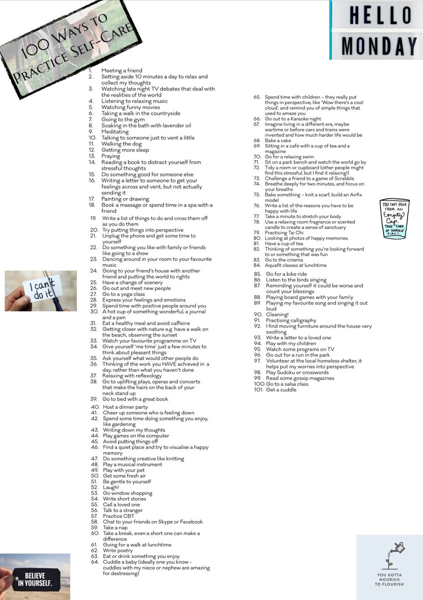 💛🌼 Motivation Monday 🌼💛

Spring has sprung on a new week and the sunshine has come to join us! 
Here is a list of 100 ways to practice self care for when you need to slow down and put things into perspective. Why not try out something on the list this week to feel good? 💭