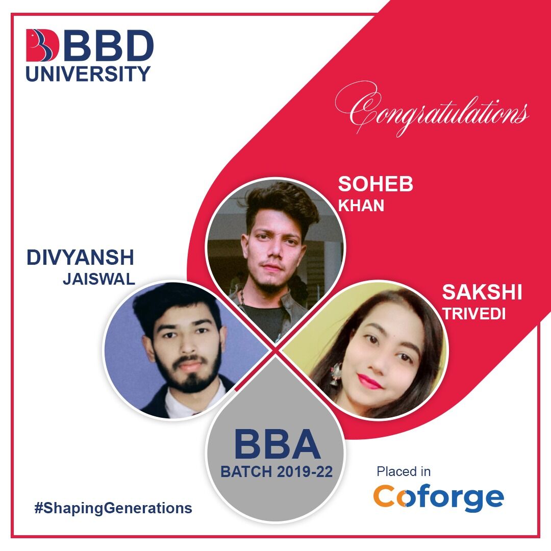 BBD_UNIVERSITY's tweet photo. BBDU Congratulates the students of BBA (2019-2022) who got selected in Coforge.
Impeccable Placement Records | Infinite Dreams Fulfilled!
#Achievement #placement #bbdu #ShapingGenerations #BBDUplacement #GemsofBBDU #Coforge https://t.co/1rkQ1xq29g