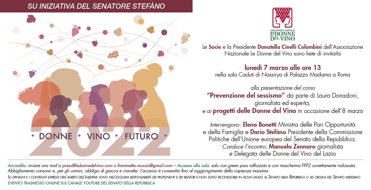 Oggi 7 marzo ore 13, a Palazzo Madama, le #DonnedelVino presentano il primo corso per la prevenzione del #sessismo sul lavoro. Si può seguire l'incontro su zoom: us06web.zoom.us/j/81790961981?…