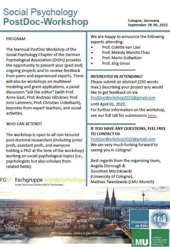 The Call for abstracts for participating in the Social Psychology PostDoc-Workshop is open. Check it out: unikoelnpsych.eu.qualtrics.com/jfe/form/SV_6P…
