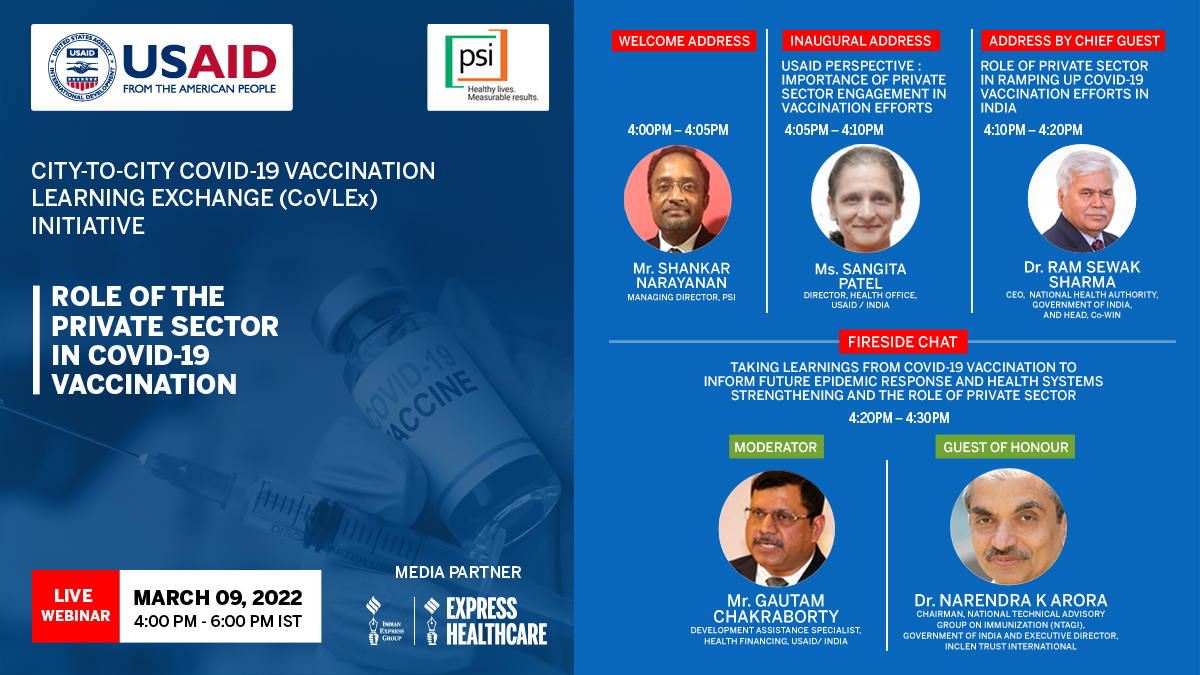 ExpHealthcare's tweet photo. Join us for a session with #privatesector leaders on their role during the #COVID19 #vaccination as a part of the City-to-City Learning Exchange #CoVLEx initiative, in partnership with @usaid_india @PSIimpact | 9 March 2022 | 4 PM - 6 PM IST
Register Now: https://t.co/Wr5gYj75AN https://t.co/BEy8tipWGM