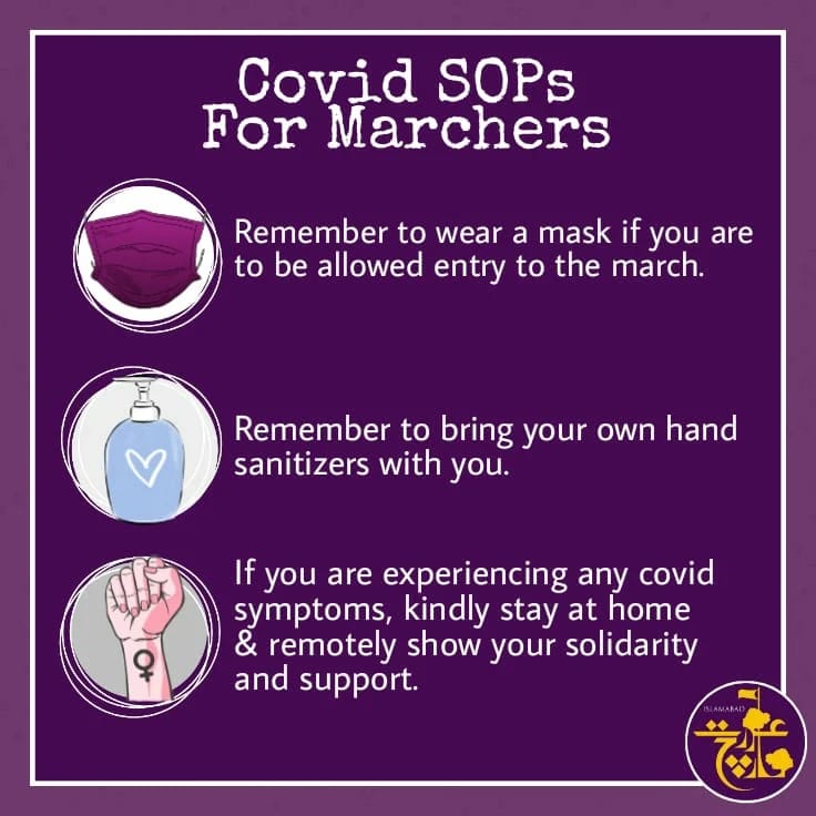 Aurat_marchisb's tweet photo. "Tahhafuz" Is the second element in Aurat March theme. Tahhafuz from Covid is also our concern. 

Here are some basic SOPs for marchers tomorrow.
Let's all be safe and march for our rights in solidarity!

Let's not forget Covid has not yet ended. https://t.co/1O8BBs73OQ