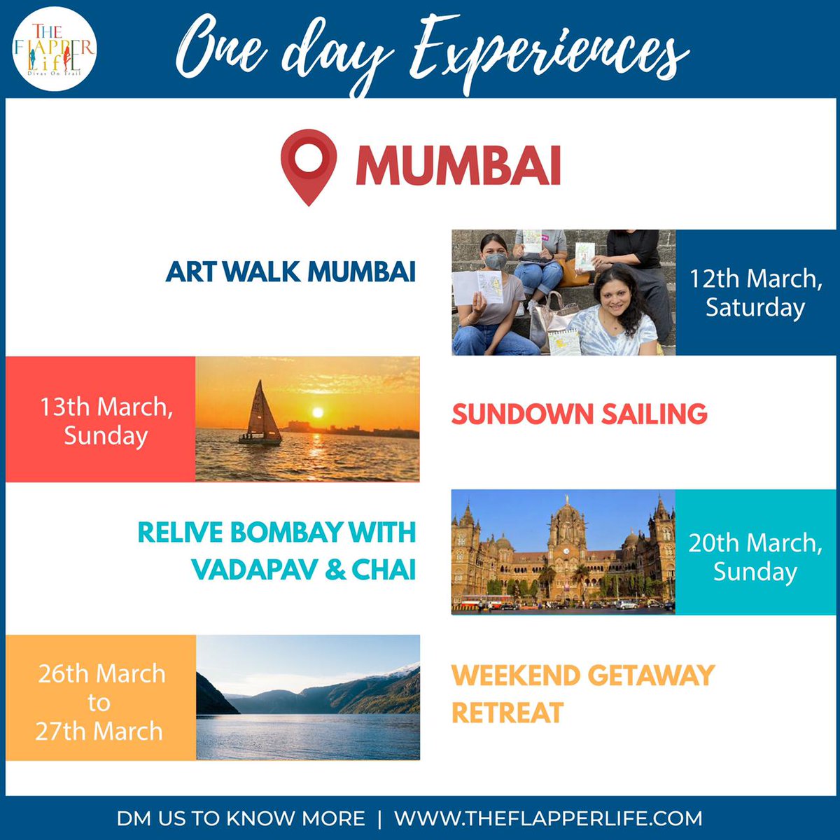 We are back with our One Day #Experiences in #Mumbai and #Chennai Chapters .Here's a sneak peak to our March Calendar with lot of fun activities to explore new places, unique hideaways &  Art Walks . 

Book your Flapper Experience ! Inbox us for details   #theflapperlife