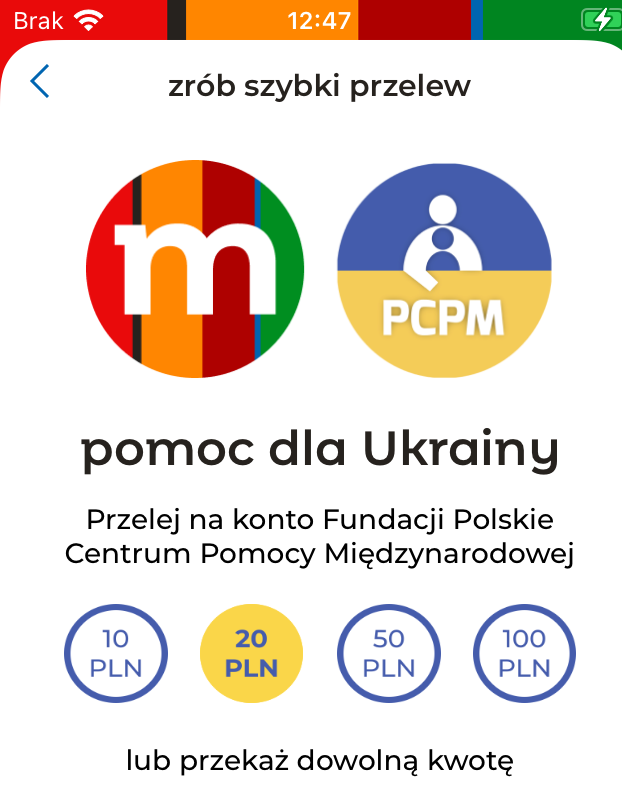 kingwoj's tweet photo. Dziś pojawiła się nowa aplikacja @mBankpl, dzięki której jeszcze łatwiej można zrobić przelew na @FundacjaPCPM pomagającą ofiarom wojny w Ukrainie. Jesteśmy razem z Ukrainą a wszystkich naszych klientów zachęcamy do wpłat na konkretną pomoc! https://t.co/SOKjKRZDWW