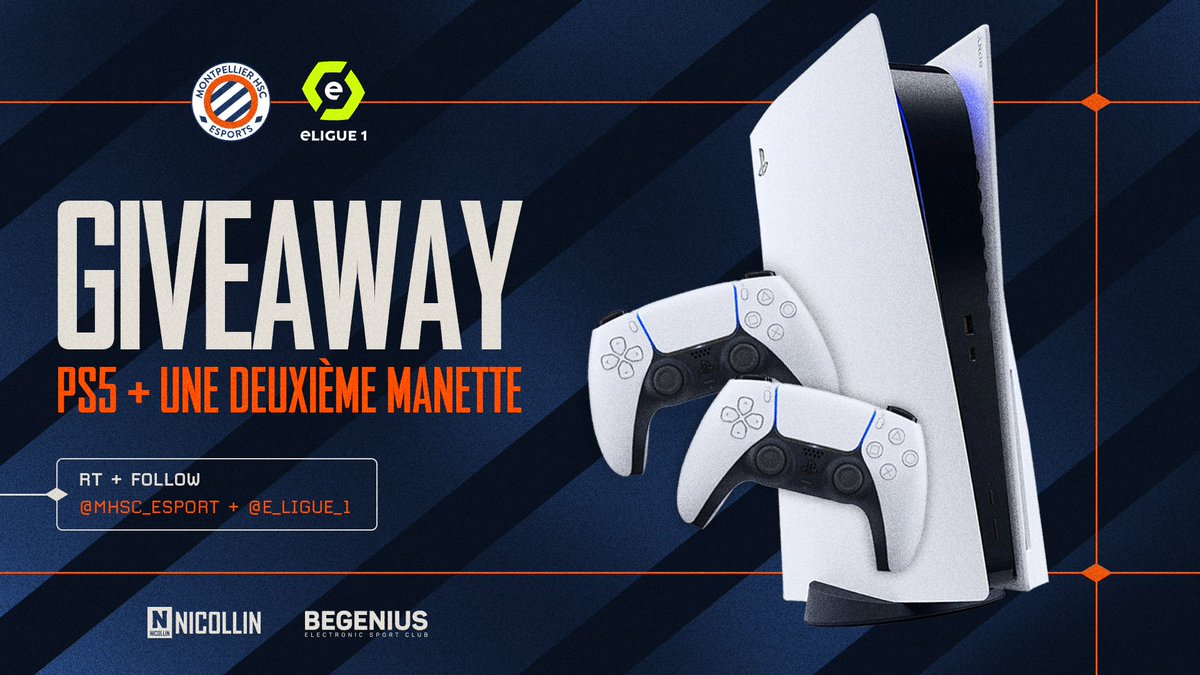 #Concours 🟠🔵

Avec l’@e_LIGUE_1, nous avons une surprise pour vous ! 👀

Pour le début de la #eLigue1 nous mettons en jeu une #PS5 et 2 manettes ! 🏆

Pour participer :
➡️ RT ce tweet
➡️ Follow @e_LIGUE_1 
➡️ Follow <a href="/MHSCEsport/">MHSC Esport</a>  

⏰ Tirage au sort le 11 mars ! Bonne chance !