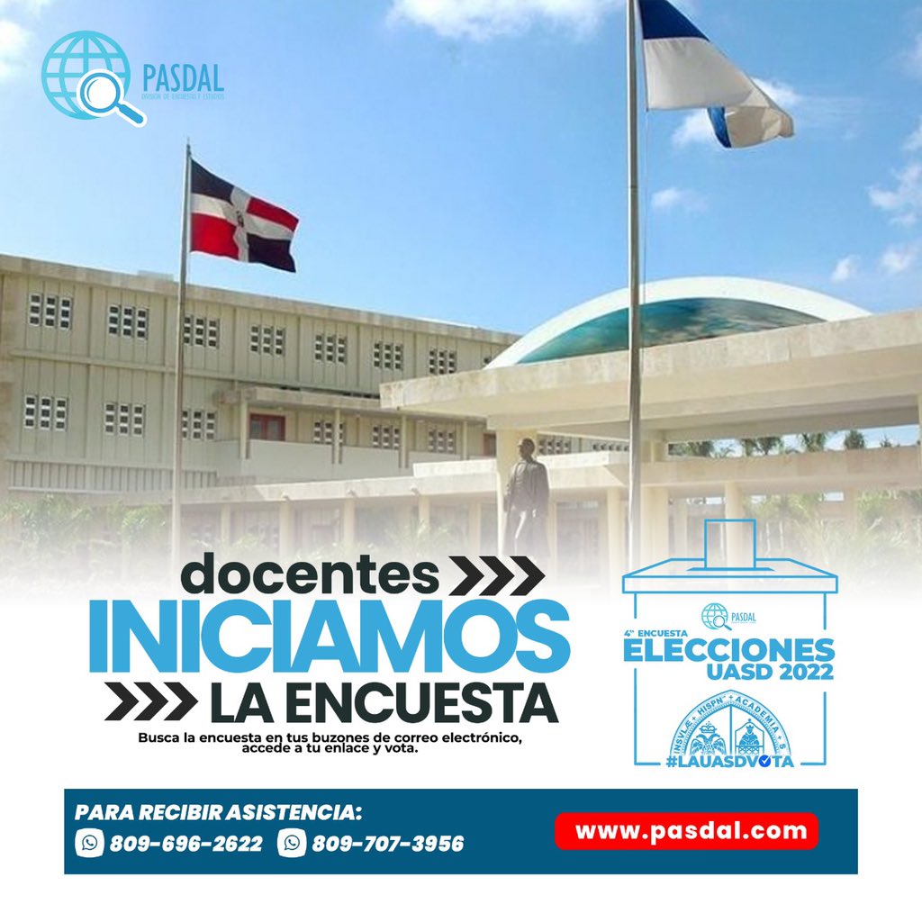 pasdalrd's tweet photo. Calendario sigue su curso y hoy lanzamos la nueva encuesta de #PASDAL que medirá las preferencias electorales en la @UniversidadUASD de cara a sus próximas elecciones.
Docente, busque en su buzón de correo su enlace personal de acceso a la encuesta y vota. https://t.co/84bvUWEv7x