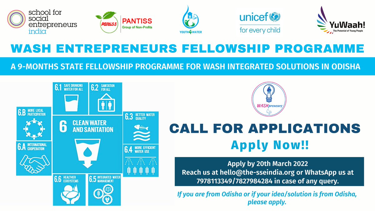 Call for WASHpreneurs!! Are you willing to work on your idea to solve WASH-related problem addressing SDG 6 and build it into a social enterprise? If yes, apply for WASH Entrepreneurs Fellowship Programme. #socent @Pantiss2 @UNICEFIndia @shalabhmittals @YuWaahIndia @SchSocEnt