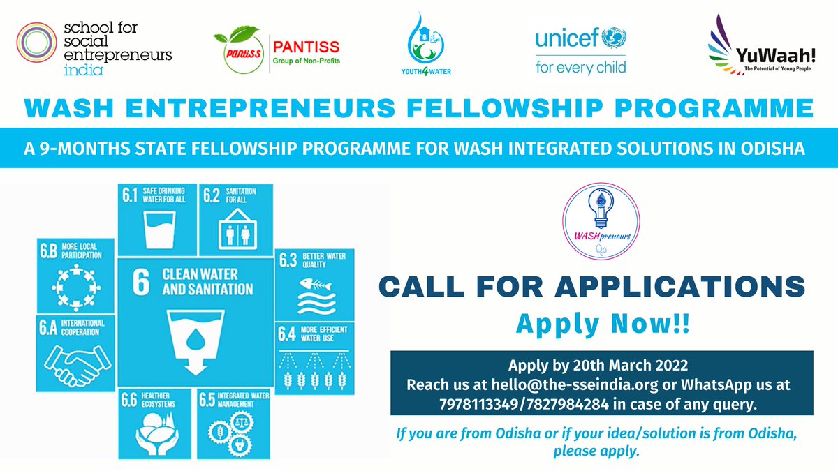 The SSE India (@thesseindia) on Twitter photo Call for WASHpreneurs!!
Are you willing to work on your idea to solve WASH-related problem addressing SDG 6 and build it into a social enterprise?
If yes, apply for WASH Entrepreneurs Fellowship Programme. #socent
<a href="/Pantiss2/">Pantiss</a> <a href="/UNICEFIndia/">UNICEF India</a> <a href="/shalabhmittals/">Shalabh Mittal</a> <a href="/YuWaahIndia/">YuWaah (Generation Unlimited India) at UNICEF</a> <a href="/SchSocEnt/">The School for Social Entrepreneurs</a> Call for WASHpreneurs!!
Are you willing to work on your idea to solve WASH-related problem addressing SDG 6 and build it into a social enterprise?
If yes, apply for WASH Entrepreneurs Fellowship Programme. #socent
<a href="/Pantiss2/">Pantiss</a> <a href="/UNICEFIndia/">UNICEF India</a> <a href="/shalabhmittals/">Shalabh Mittal</a> <a href="/YuWaahIndia/">YuWaah (Generation Unlimited India) at UNICEF</a> <a href="/SchSocEnt/">The School for Social Entrepreneurs</a>