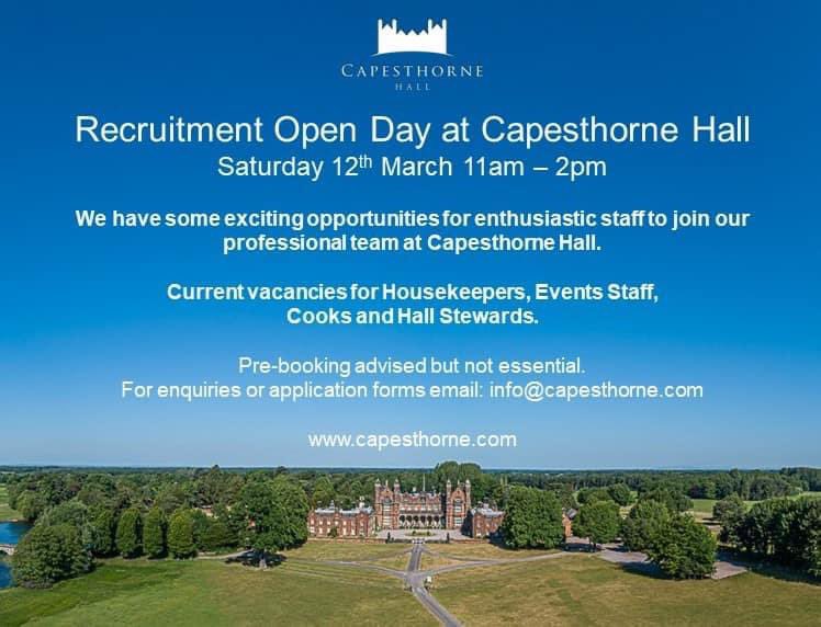 Don’t forget we are holding a Recruitment Open Day on Saturday 12th March between 11am - 2pm for various roles available here at Capesthorne Hall !