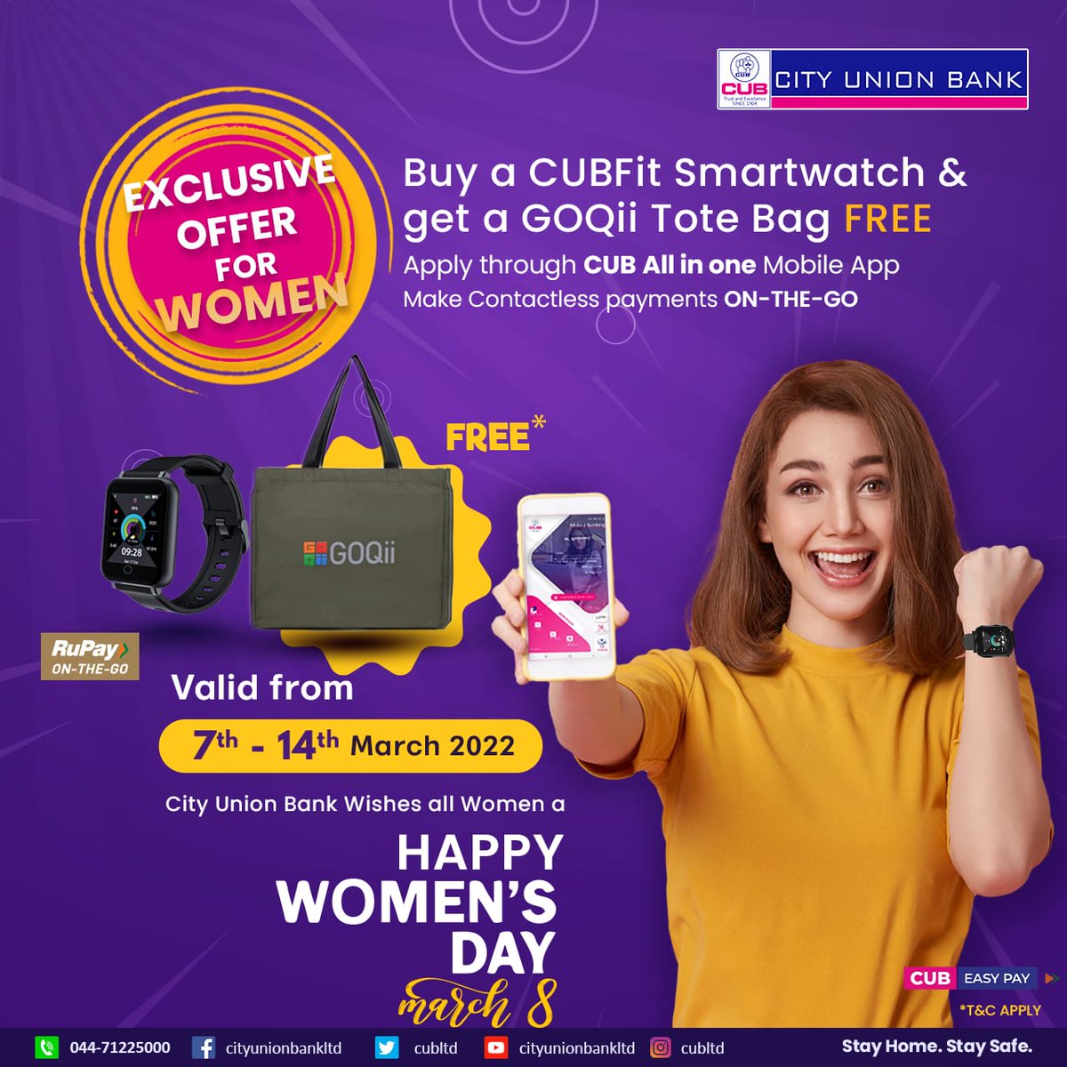 cubltd's tweet photo. Exclusive offer for CUBFit Smartwatch debit card #cubltd #cityunionbank #CUBFitwatch #SmartWatchDebitCard #RuPay #rupayOnTheGo #cubeasypay
@GOQii https://t.co/C4qNt6g5q6