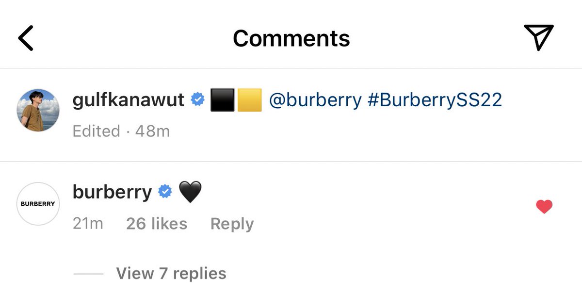 Burberry's official IG acc liked and commented on Gulf's post 🖤

@gulfkanawut #GulfKanawut
#BurberrySS22 #Burberry @Burberry