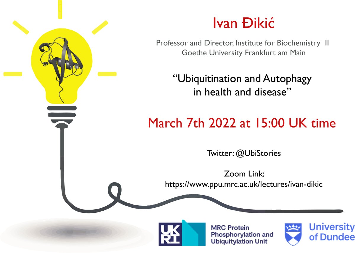 REMINDER TODAY: non-canonical ubiquitylation seminar series: 
Prof. Ivan Đikić - 07 March 2022 at 15:00 (UK Time). Follow us on 
<a href="/UbiStories/">Ubiquitin Stories</a> <a href="/mrcppu/">MRC PPU</a> @dundeeunisls 
 #ubiquitin #authophagy #bacteria  #seminar 
<a href="/iDikic2/">Ivan Đikić</a>
  Zoom Link:ppu.mrc.ac.uk/lectures/ivan-…