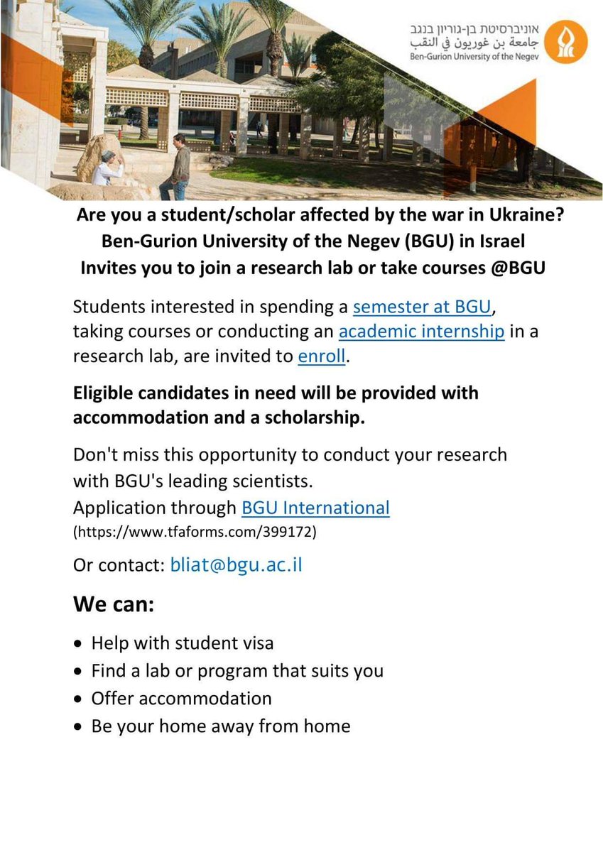 Jessica Cauchard (@jessicacauchard) on Twitter photo Are you a student/scholar affected by the war in Ukraine? <a href="/bengurionu/">Ben-Gurion University of the Negev</a> invites you to spend some time with us in Israel (incl. scholarship and accommodation) Here are some information about our existing programs in.bgu.ac.il/en/internation… and where to apply tfaforms.com/399172 Are you a student/scholar affected by the war in Ukraine? <a href="/bengurionu/">Ben-Gurion University of the Negev</a> invites you to spend some time with us in Israel (incl. scholarship and accommodation) Here are some information about our existing programs in.bgu.ac.il/en/internation… and where to apply tfaforms.com/399172
