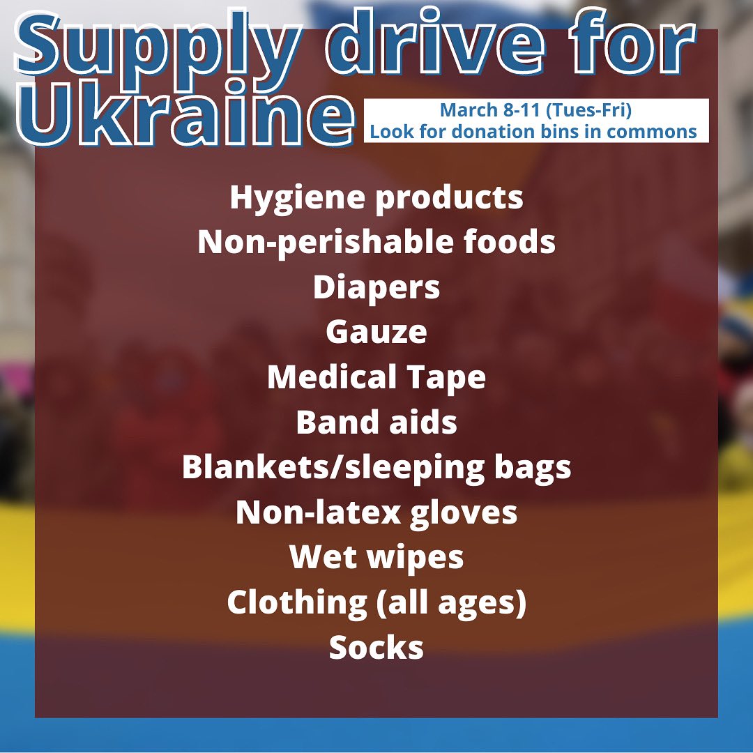 nafo_stuco10's tweet photo. ATTENTION FALCONS 🛑 Starting tomorrow (Tuesday, March 8), there will be bins in the commons for collecting the above supplies for Ukraine. 💙💛@NaFo_Falcons @ChandlerNaFo #NaFoAllIn #OneNation https://t.co/d5Lb2Mg35t