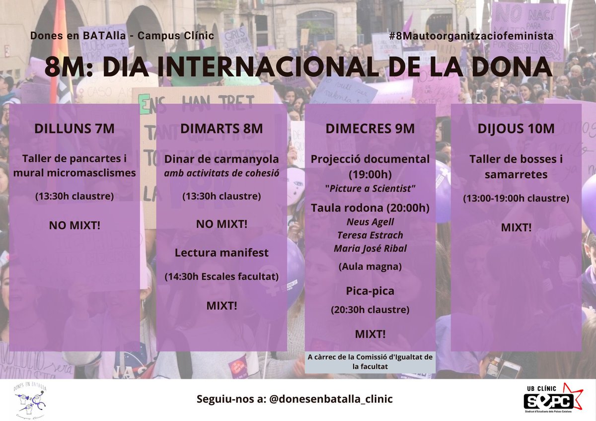 SEPC UB-Clínic (@sepc_clinicub) on Twitter photo 🟣 #8M || Avui comencem les activitats que hem organitzat amb les companyes de Dones en BATAlla per la setmana del 8M, el Dia Internacional de la Dona Treballadora. Us hi esperem a totes!
✊ Construïm una educació feminista! 🟣 #8M || Avui comencem les activitats que hem organitzat amb les companyes de Dones en BATAlla per la setmana del 8M, el Dia Internacional de la Dona Treballadora. Us hi esperem a totes!
✊ Construïm una educació feminista!