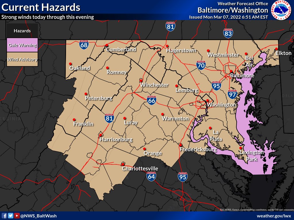 BaltCoEmergency's tweet photo. [3/7 at 7:50A]: Monday's weather calls for scattered thunderstorms and wind gusts!

-Wind Advisory: Gusty winds from 11A - 1A tonight
-Strong T-Storms possible along cold front
-Storms could have downpours and damaging winds

This is our first severe weather day this spring! https://t.co/Dz6FmwOthM