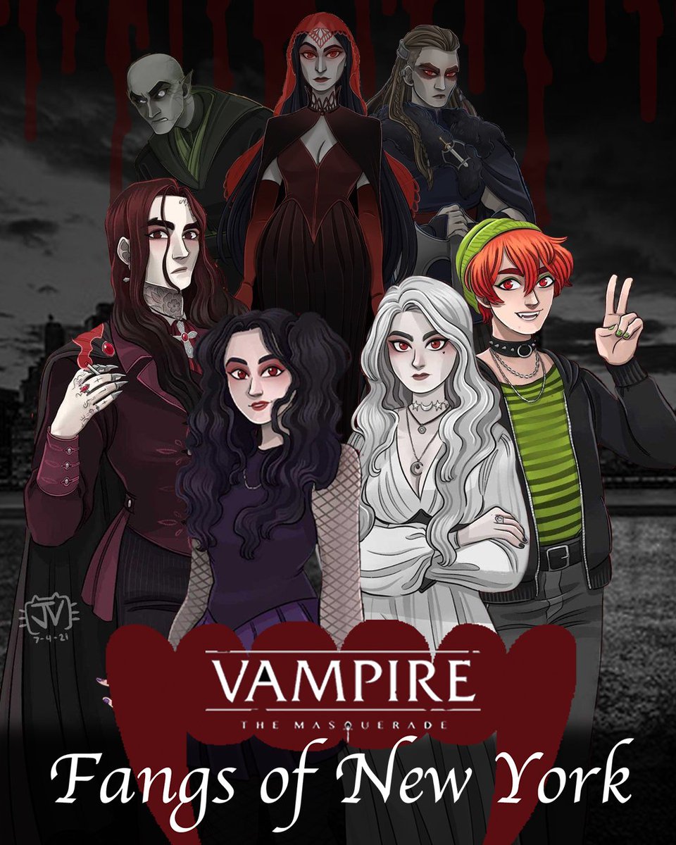 fangsofny's tweet photo. 🩸🥀🦇 We Return 🦇🥀🩸

Come join us on #Twitch every Thursday evening at 8pm EST/5pm PST
If you haven't caught up on all 19 episodes from season 1, go check our Twitch or our YouTube channels (@fangsofny)
#vtm #vampire #vamily #stream #5e 
(Artwork by @Sweatersketches) https://t.co/WPVznQiNaV