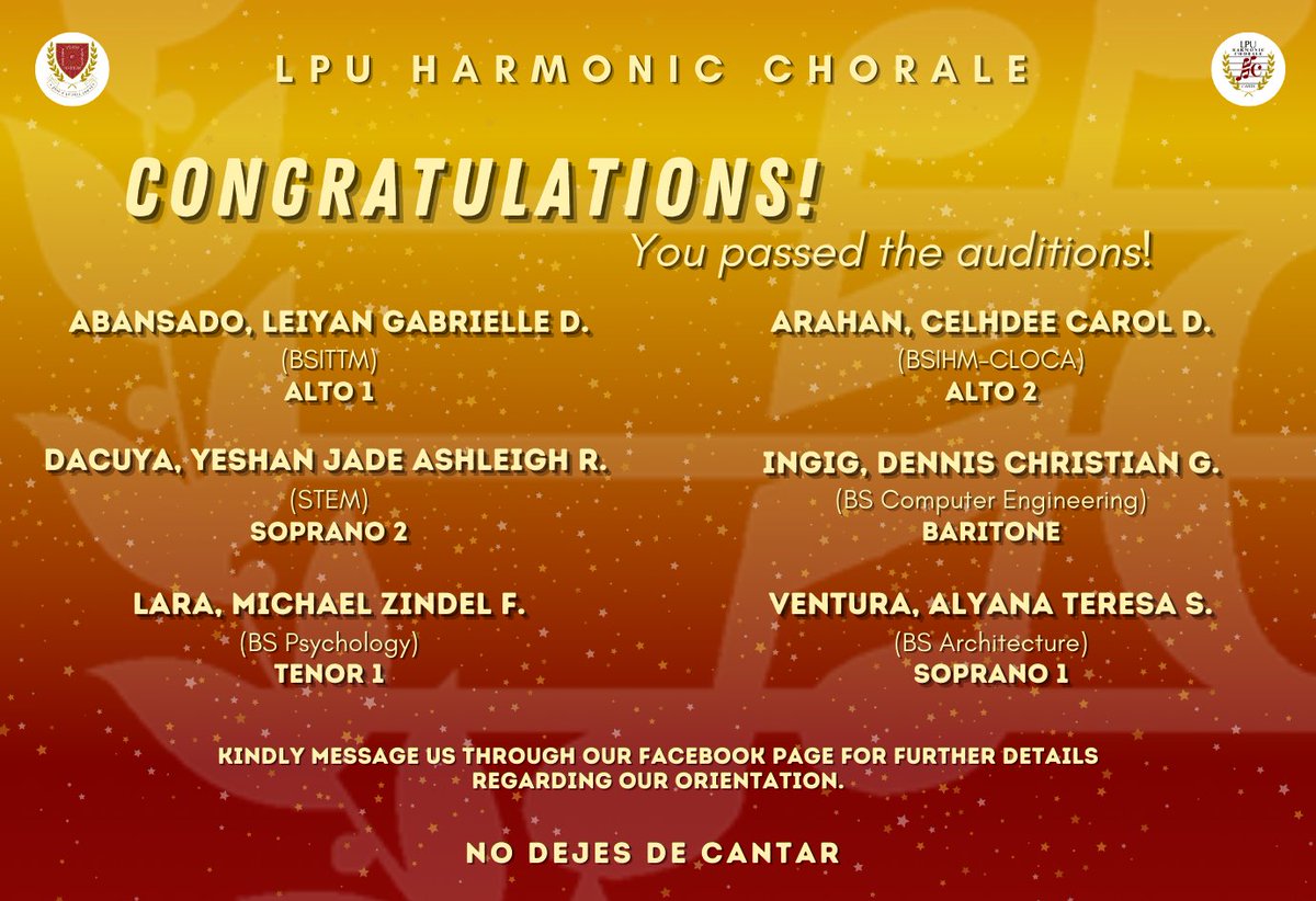 LPUHCOfficial's tweet photo. โ๐๐จ๐๐๐ง๐๐ข๐ก๐๐๐ฆ, ๐ฌ๐ข๐จ ๐ ๐๐๐ ๐๐ง ๐๐กโ
Congratulations to our passers of HC Online Audition batch 2022! We are delighted to your endearing efforts to showcase your singing potential and passion for music. Welcome to the HC Family!
See you soon!
#NoDejesDeCantar https://t.co/v5pgPtEpWN