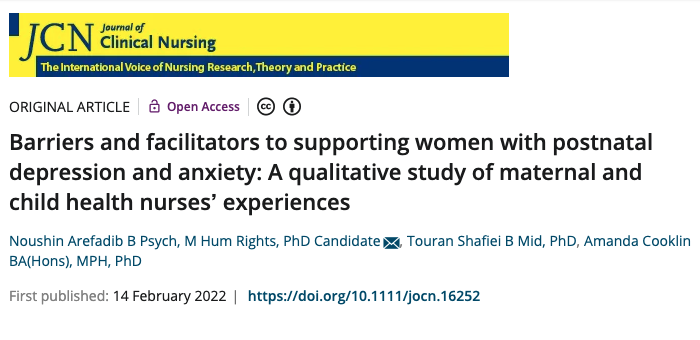 How can we better support women with postnatal depression and anxiety?
Noushin Arefadib, Touran Shafiei &amp; <a href="/amandarcooklin/">amanda cooklin</a> - all <a href="/latrobe/">La Trobe University</a> 🇦🇺
@Wiley_Nursing
#PostnatalDepression
#Anxiety
#ChildrensNursing
#Midwifery 
ow.ly/bbMB50IbzRT