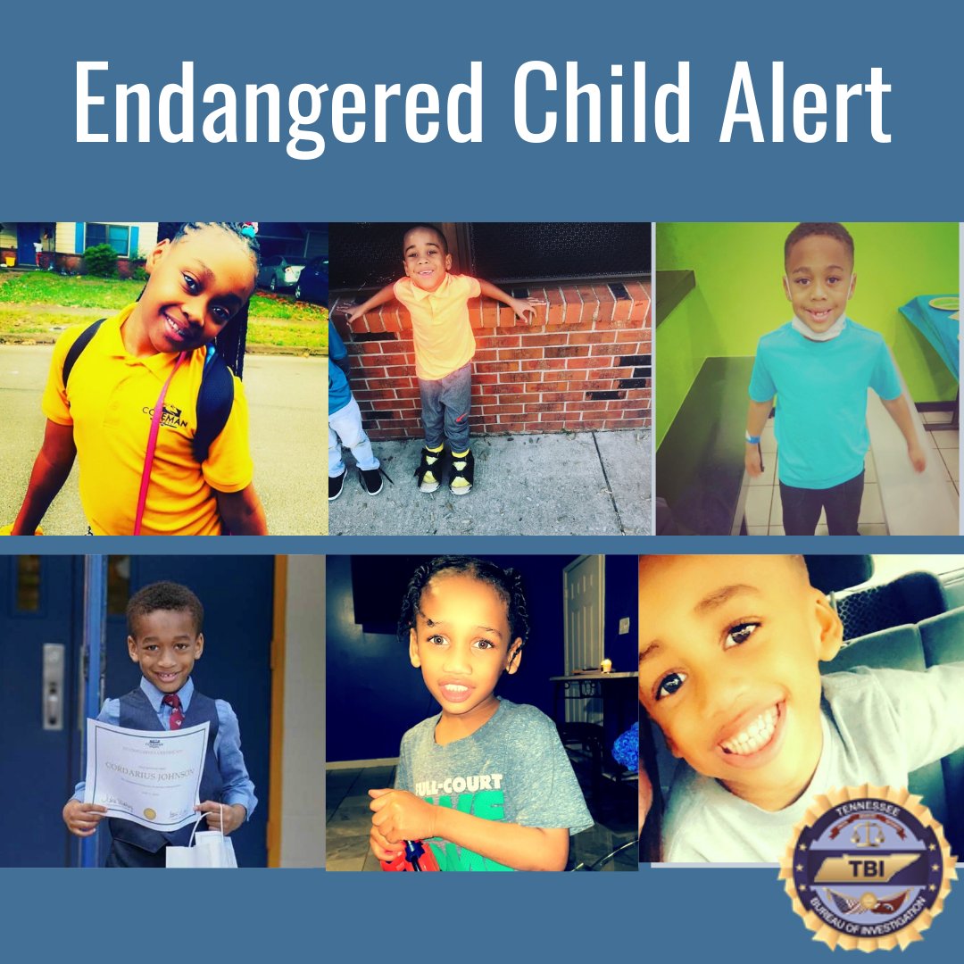 An ENDANGERED CHILD ALERT has been issued on behalf of Bartlett PD for six siblings – Anarielle Johnson, Cayden Parks, Jayden Parks, Cordarius Johnson, Cormarion Parks, and Chase Johnson.

If you have seen these children call 901-385-5555 or TBI at 1-800-TBI-FIND.

(1/8)
