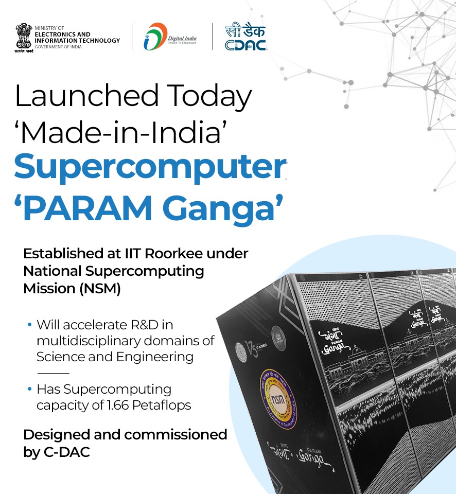 _DigitalIndia's tweet photo. 💎 Launched - 'PARAM Ganga' supercomputer
Designed &amp; commissioned by @cdacindia, the system is established at @iitroorkee &amp; built under the National #Supercomputing Mission. It'll provide computational power to users at IIT Roorkee &amp; neighbouring acad institutions. #MadeInIndia https://t.co/fn7Ip68AYc
