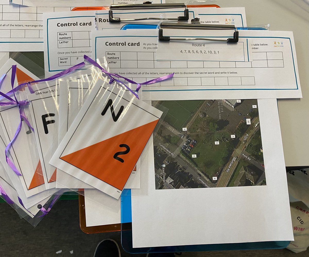 Ready for some year 6 orienteering @GetSet4PE takes a bit of prep but worth it. Teams of 4- navigator ✅ detective✅scribe ✅ driver ✅ Extra Challenge? 1) Add a hoop that they have to all keep hold of at all times 2) Nominate a base camp that they report back to after each clue