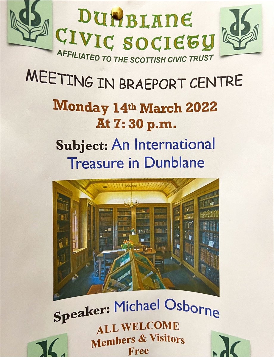 LeightonLib's tweet photo. All are welcome to hear Michael Osborne present about Dunblane's historic Leighton Library "An International Treasure in Dunblane" in Dunblane's Braeport Centre on Monday 14 March at 7.30pm, organised by Dunblane Civic Society https://t.co/tWvM4BLqYc