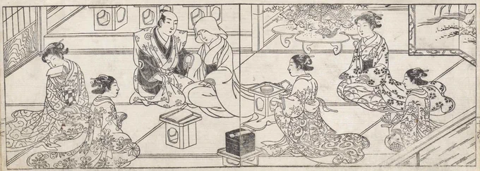 これは『婚礼秘事袋』(日文研所蔵)という春本に描かれた婚礼なんだけど、やっぱり引用元の頭の被り物、おかしい気がして今夜眠れないかも。 https://t.co/efaLn2TTdx 