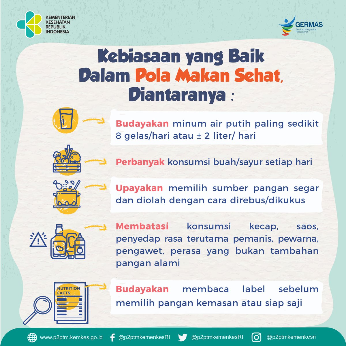 ptm_id's tweet photo. Yuk, terapkan kebiasaan baik dalam pola makan sehat.
.
#CERDIK #CegahPTM #DukungGERMAS #Obesitas #AyoBergerakJanganMager https://t.co/Le3IuRpaWk
