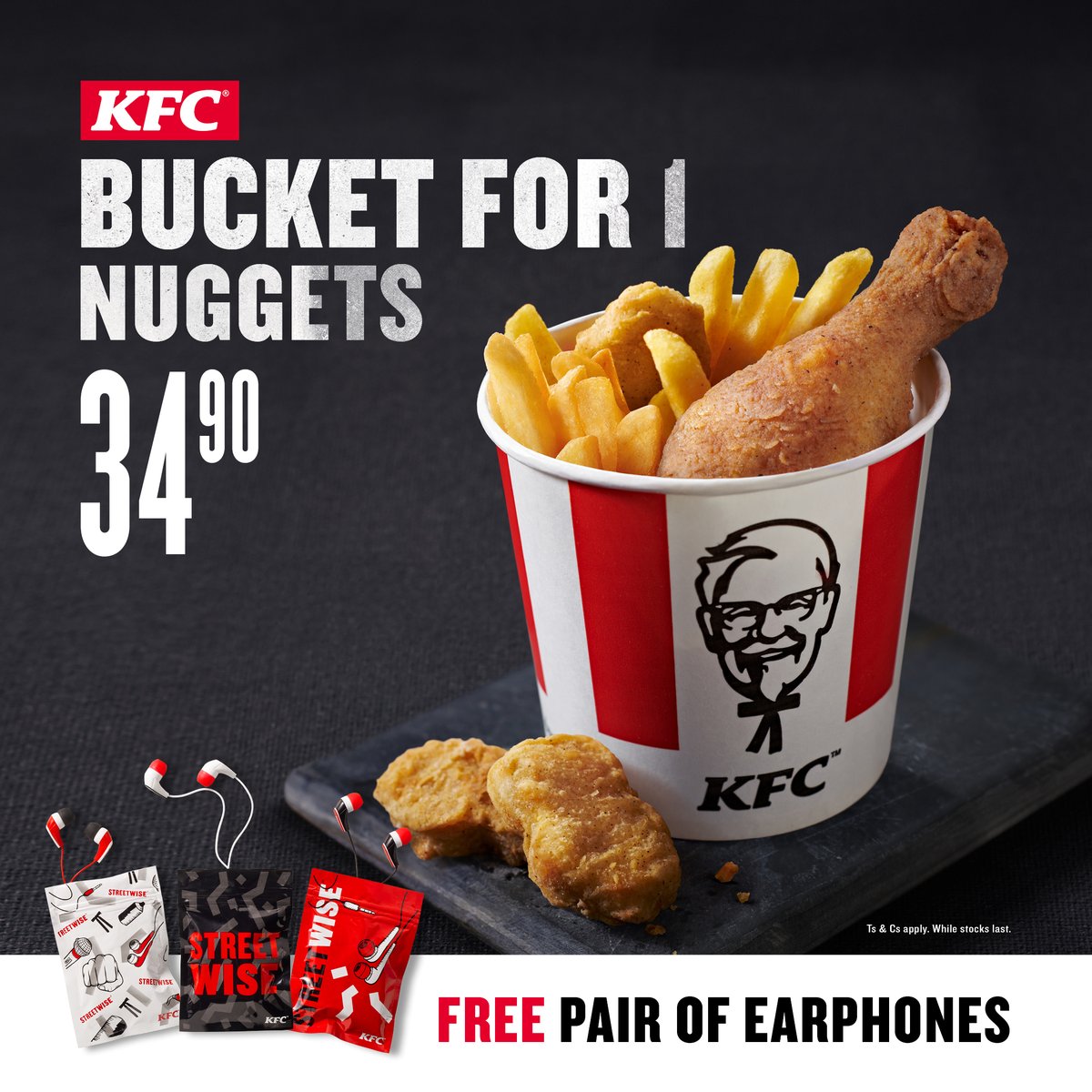 KFCNamibia's tweet photo. The Bucket For 1 Nuggets is BACK! Get 1 piece of Original Recipe chicken, 3 tasty nuggets + small chips for N$34,90! #KFCNamibia https://t.co/1M17XMc1So