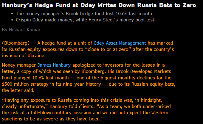 nishantkumar07's tweet photo. Russia exposure is leading to some heavy losses at hedge funds. One of them led by James Hanbury has marked those assets to “close to or at zero” https://t.co/TlcNJnNbcs