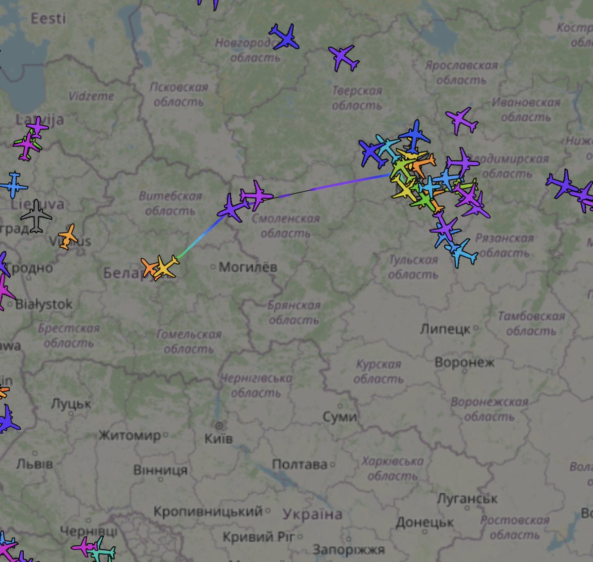 Techjournalisto's tweet image. Private plane of Viktor Yanukovychs (Russian) former Ukrainian President (2010-2014), when he was removed), took off in Moscow &amp;amp; landed hours ago in Mink, Belarus. Past days also indicate travelling in &amp;amp; along the Russian border. inn 2014, Swiss gov froze Y. assets
#OSINTUkraine