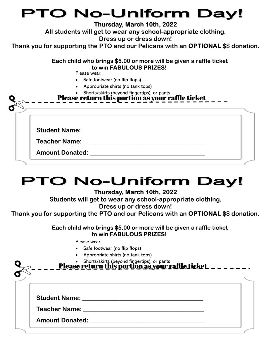PoincianaCCPS's tweet photo. Poinciana PTO is sponsoring another No Uniform Day on Thursday, 3/10.  ALL Pelicans are invited to dress casually.  Any student who brings in a $$ donation will also be entered to win some fabulous prizes! #SupportYourPTO #IgniteEngageInnovate https://t.co/uBFMXG2h87