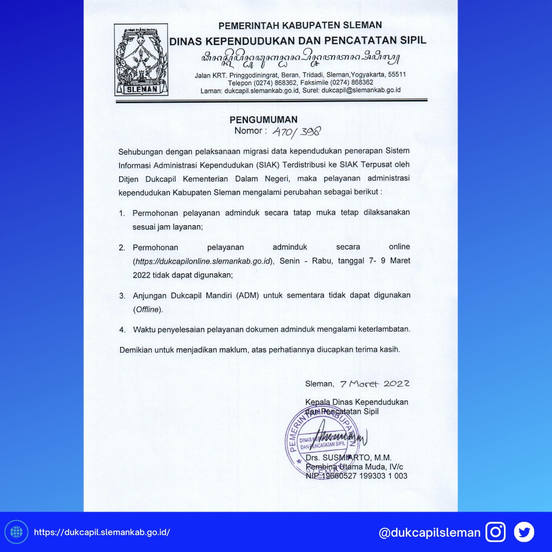 Kami sampaikan pengumuman terkait adanya pelaksanaan SIAK Terpusat🙏
<a href="/kabarsleman/">Pemkab Sleman</a>