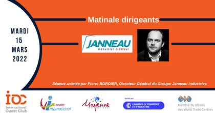 ClubIOC's tweet photo. Matinale Dirigeants - 15 mars 2022 
👨‍💼#GroupeJanneauIndustries
🤝Pour vous, c’est une occasion privilégiée :
✔️D’échanger sur votre stratégie à l’international
✔️De partager et recueillir des conseils bienveillants de dirigeants expérimentés
ℹ️ Infos : https://t.co/rr5jx6N47r https://t.co/tZqx11QISJ